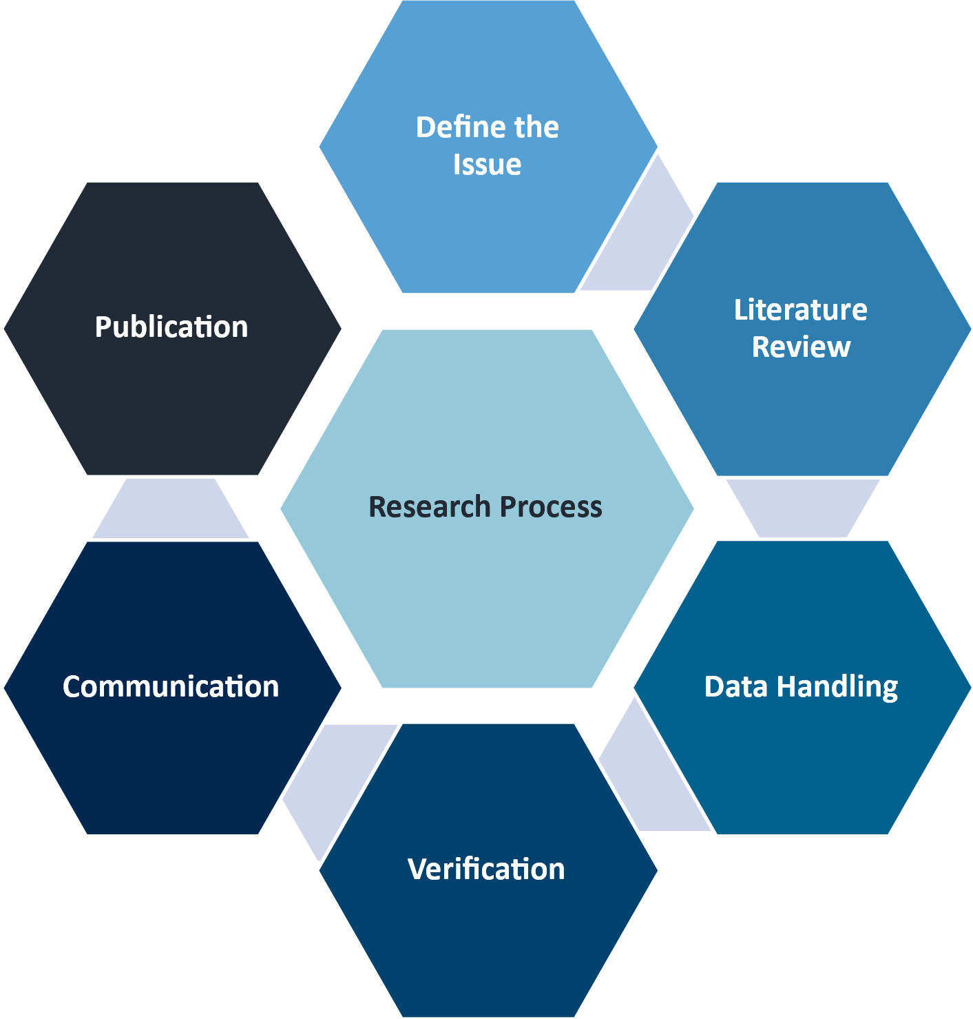 Diagram showing the research process with the steps 1. Define the issue. 2. Literature review 3. Data Handling 4. Verification 5. Communication 6. Publication