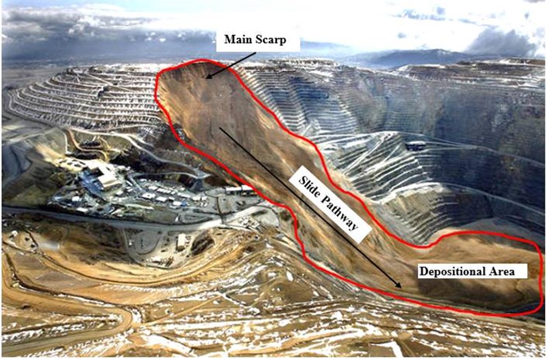The Kennecott Copper Mine with an area cirlced in red that includes the source location of a 2013 rockslide, the slide pathway, and the depositional area